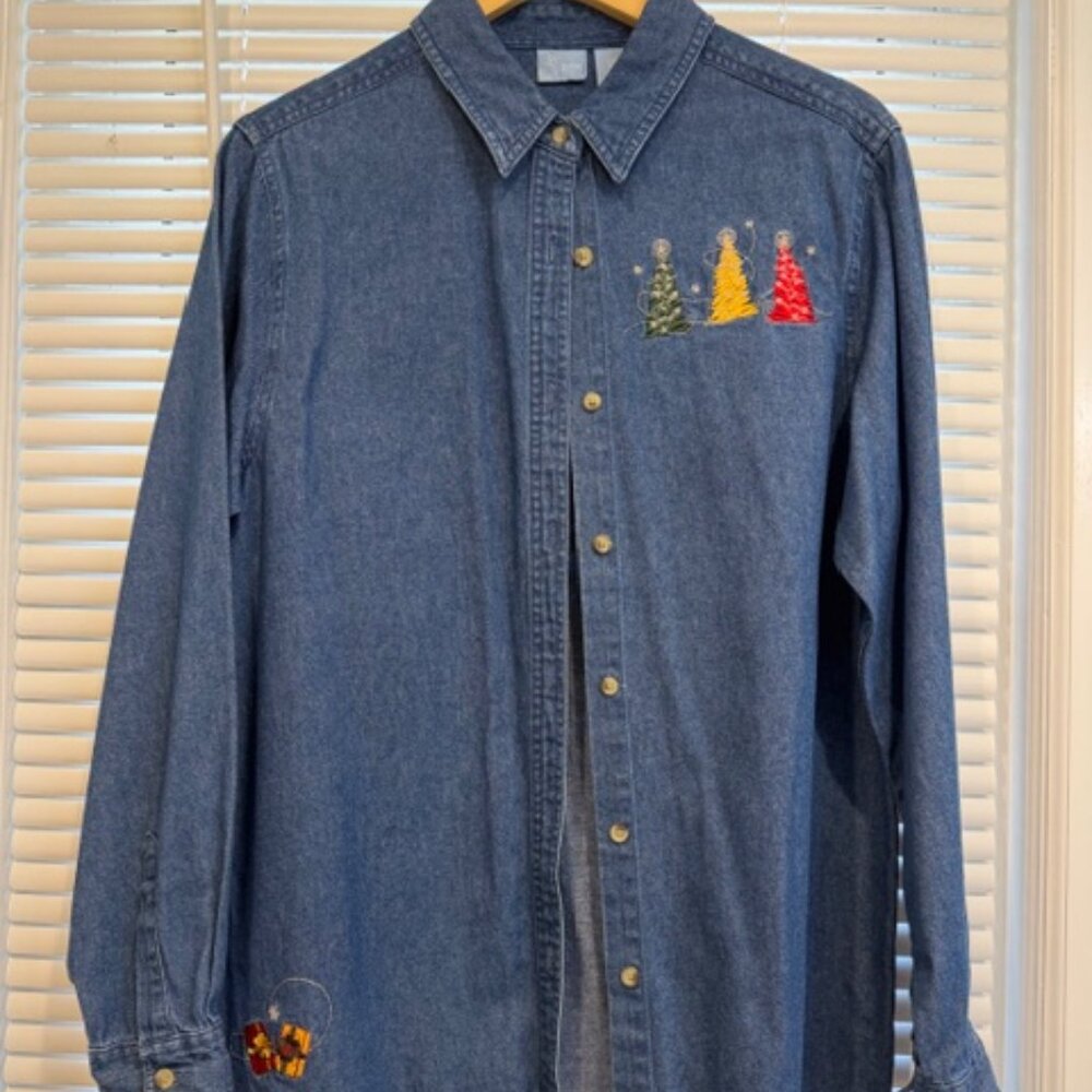 Vintage Holiday Appliqué Embroidered Blue Button-Down Shirt Size L. - Picture 2 of 13